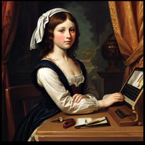 ai image of a young renaissance girl typing on a digital device